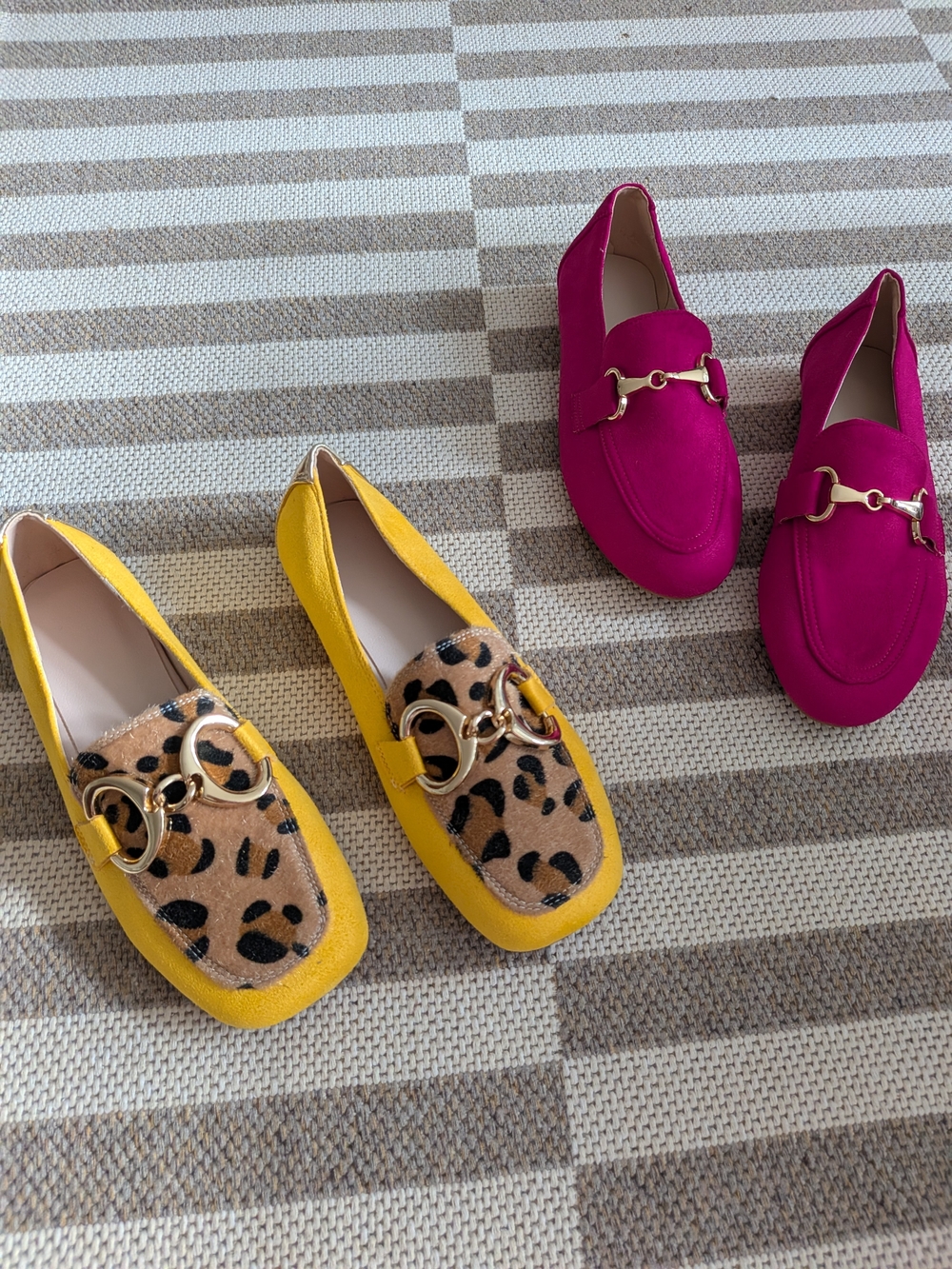 Faux Suede Women’s Loafers with Horsebit Detail - Yellow and Fuchsia